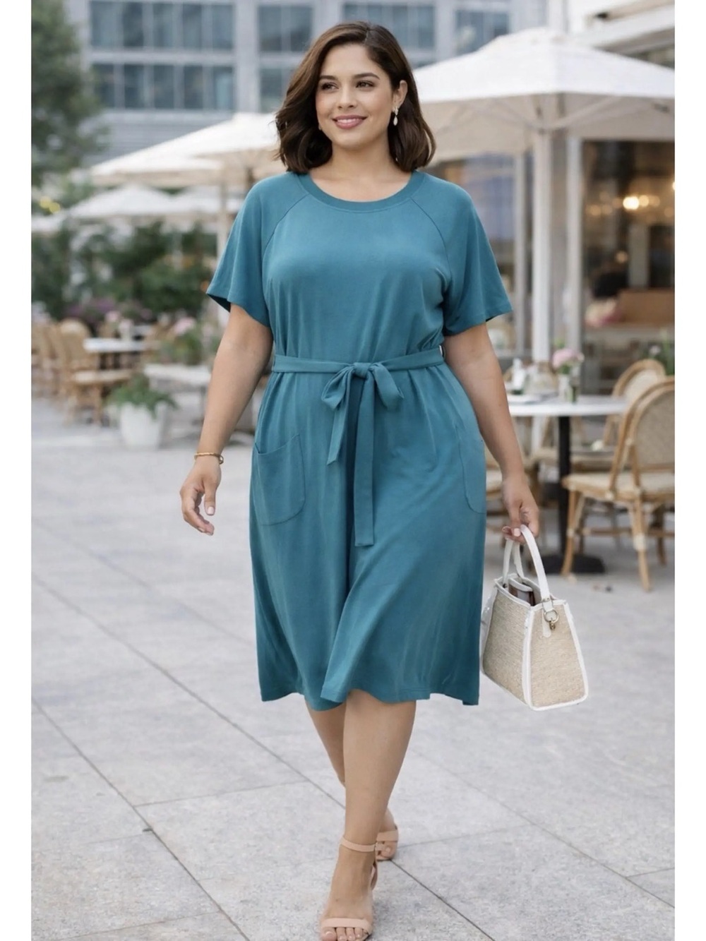 Lane Bryant Teal Blue Belted Midi Dress Size 22 24 Short Sleeve Pockets Stretch